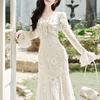 Women's V-Neck Lace Embroidered Mermaid Dress with Long Sleeves - French Gentle Style for Autumn