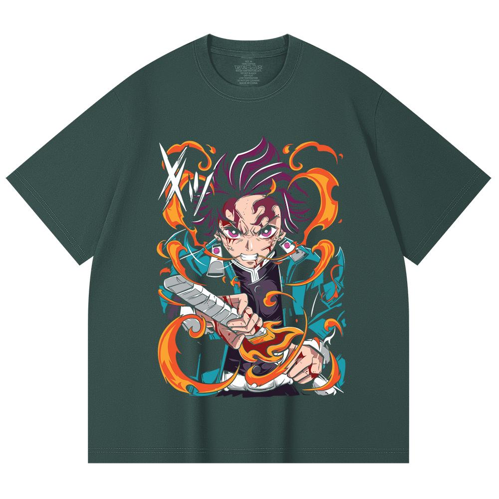 230 Gsm 100% Cotton Demon Slayer V64 Tanjiro Fire Breathing Print Unisex Heavy Cotton T Shirt
