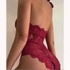 Hollow Lace Sexy Perspective Open Crotch Bodysuit Women's Pajamas Underwear Sex Hanging Neck Strap Lingerie Erotic Costumes
