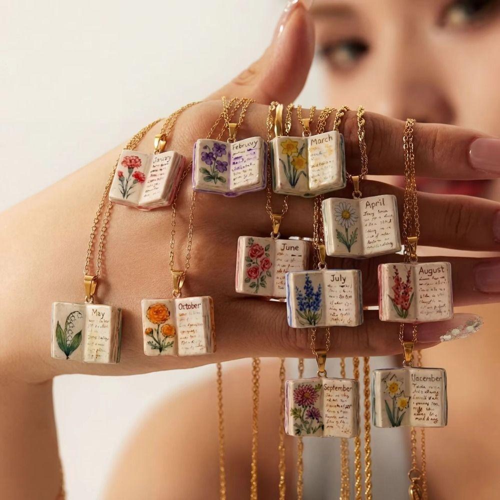 Vintage Style Book Pendant Necklace Antique Porcelain Pendant Necklace Jewelry Accessory