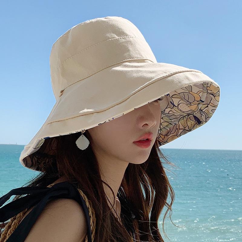

Spring and summer new double-sided wearing big edge bucket hat female Korean outdoor sunscreen sun hat cotton breathable sun hat M（56-58cm） бежевий