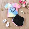 Girls Summer Outfit New Tie Dye Heart Print Short Sleeve Top  Shorts Set Casual Style