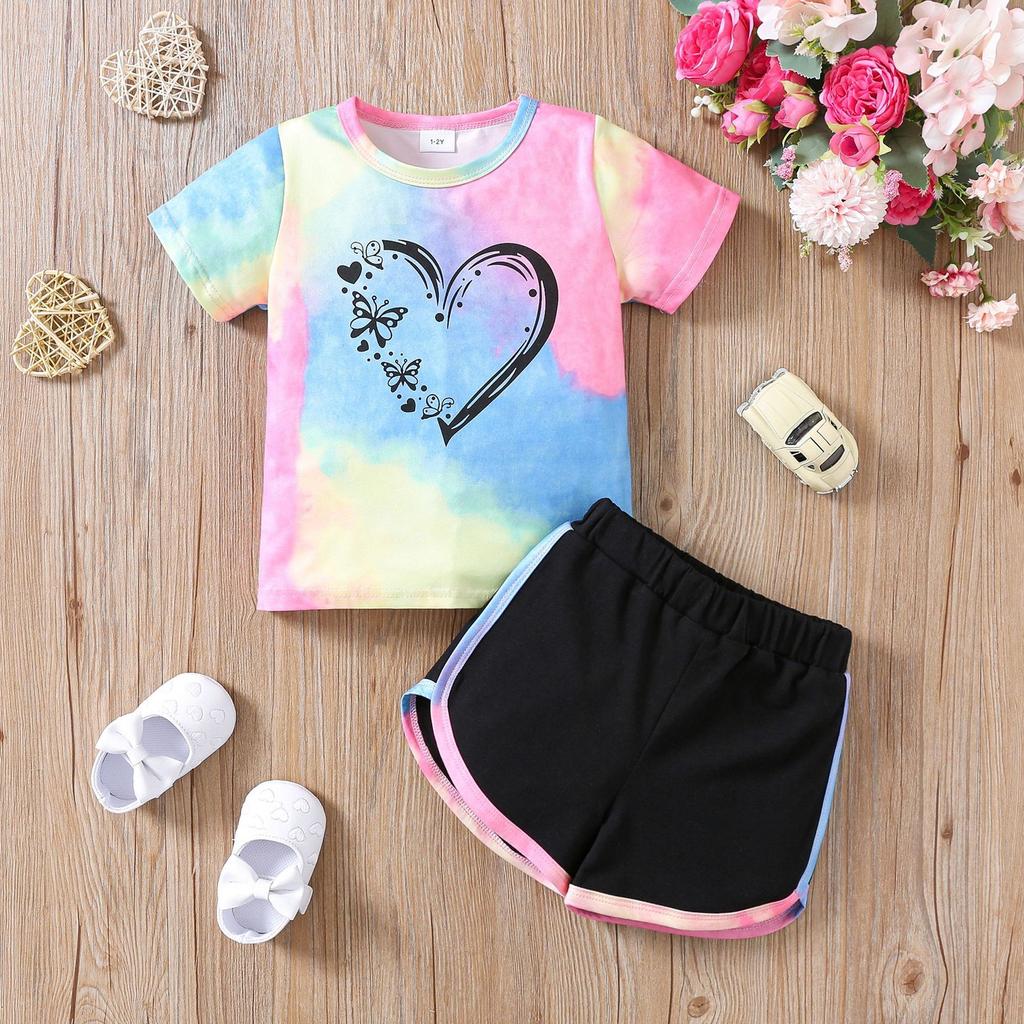 Girls Summer Outfit New Tie Dye Heart Print Short Sleeve Top  Shorts Set Casual Style