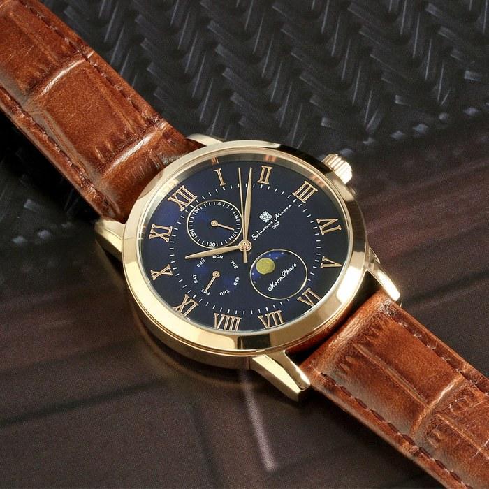 [Salvatore Marra] Watch Moon Phase Multi-Calendar 50m Waterproof Business Formal Men's Leather Strap Limited Edition Pink Gold Blue Brown