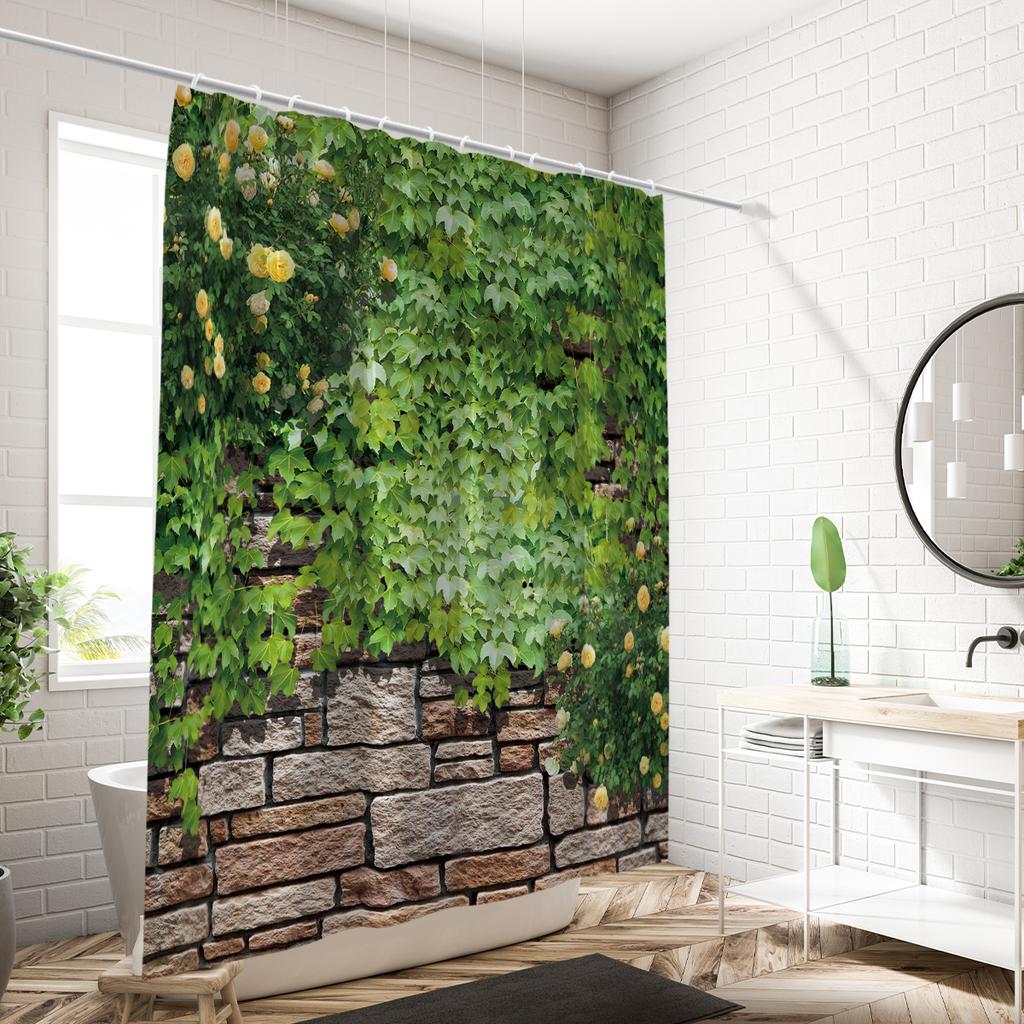 1 piece of 180x180cm green leaf brick wall landscape printed shower curtain partition, bathroom waterproof and mold resistant