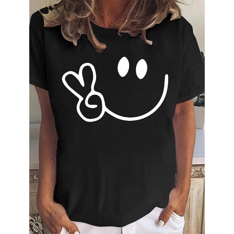 

Women S Casual Crew Neck T-Shirt with Playful Smiling Face Print - Short Sleeve, Lightweight Polyester, Perfect for Spring & Summer, 4XL чорний