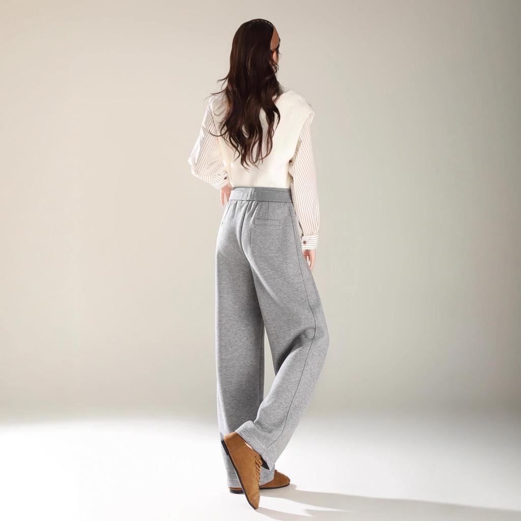 Women's Light Grey High-Waist Wide Leg Wool Pants - Casual Autumn Floor-Length Straight Sport Trousers