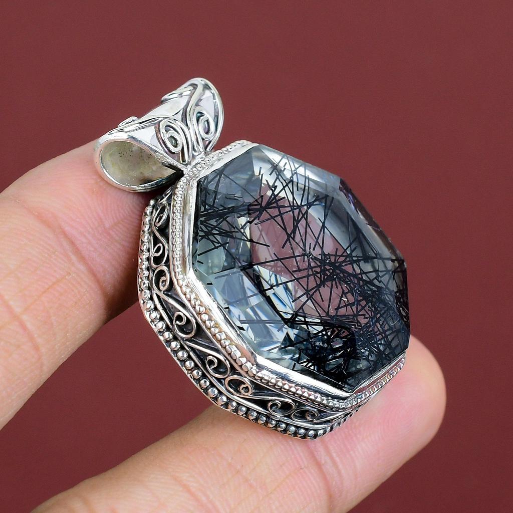 Faceted Black Rutile Pendant Vintage Gemstone Pendant 925 Sterling Silver Pendant Elegant Jewelry Handmade Brand New Pendant Gifts For Wife