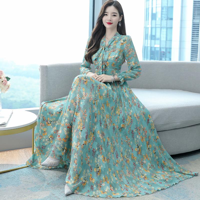 Floral Chiffon Dress Spring and Autumn Temperament Waist Slim Slimming Bow V-neck Jacquard Elegant Long Skirt