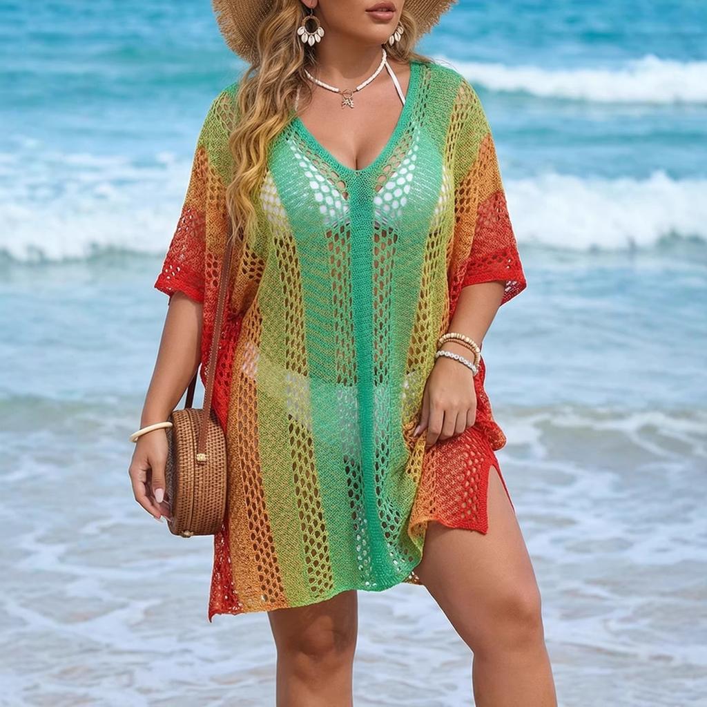 Top plażowy na duży rozmiar damski w kolorze gradientowym z ażurowej tkaniny, luźna i casualowa sukienka w stylu bikini.