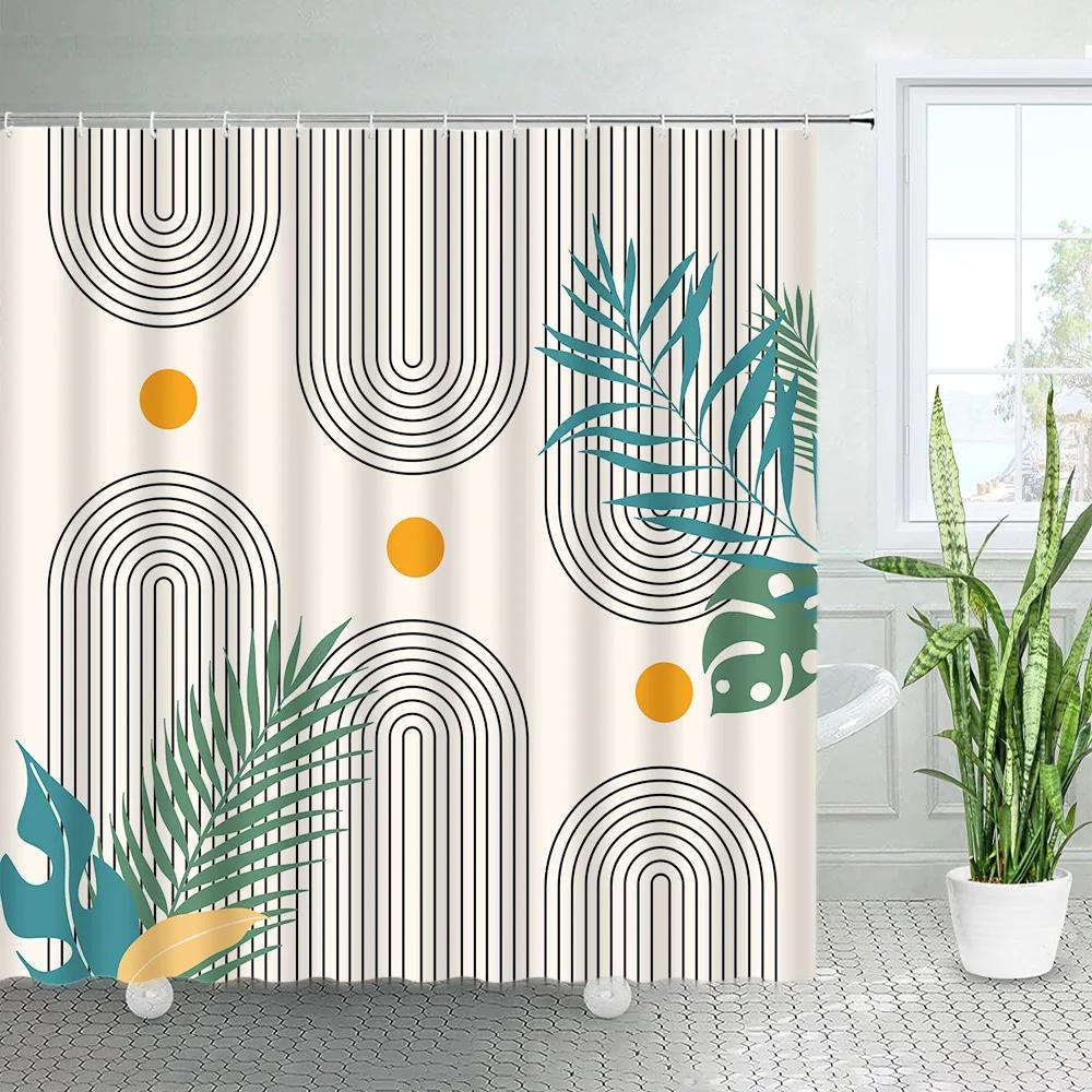 Abstract Mid Century Shower Curtains Boho Arch Sun Beige Modern Minimalistic Home Bathtub Bathroom Curtain Fabric Decoration Set
