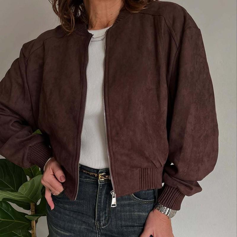 Womens Suede Fleece-Lined Zip-Up Jacket Winter Casual Slim Fit Outerwear In Brown Wine Red