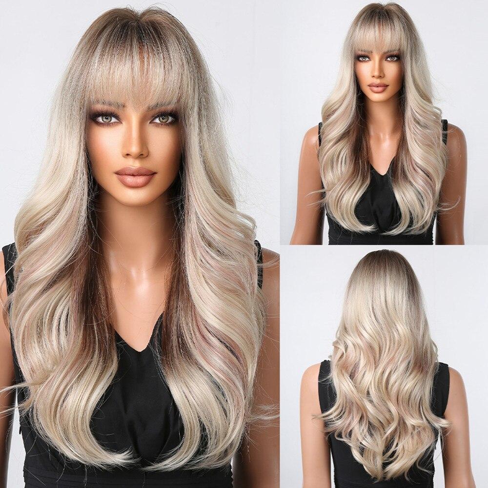 ALAN EATON Brown Highlight Layered Boby Wavy Wig Long Natural Mixed Synthetic Wig Women Daily Hair with Bangs Heat Resistant Wig