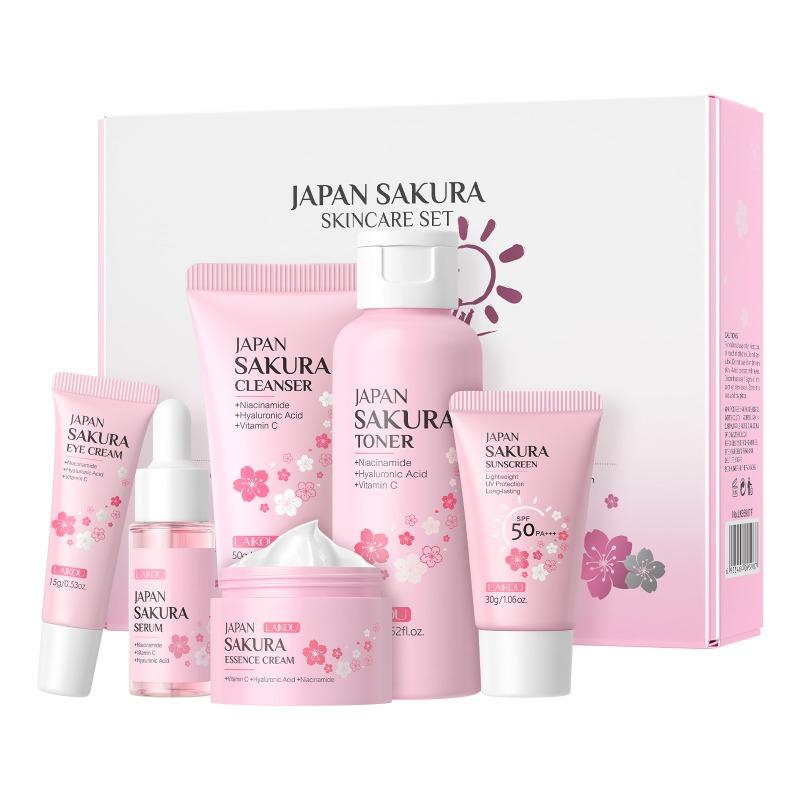 LAIKOU Moisturizing Reduce Fine Lines Brighten Skin Tone Care Toner Cream Eye Cream Cleanser 6Pcs Sakura Facial Skin Care Set