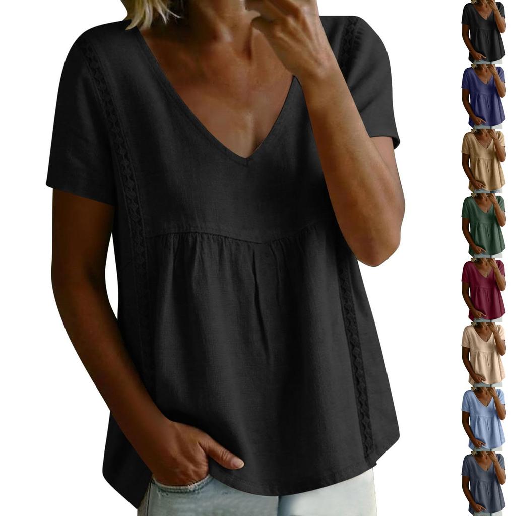 Women Embroidered Short Sleeve V Neck Relaxed Fit Pleated Pullover Blouse Summer Casual Loose Top for Daily Wear