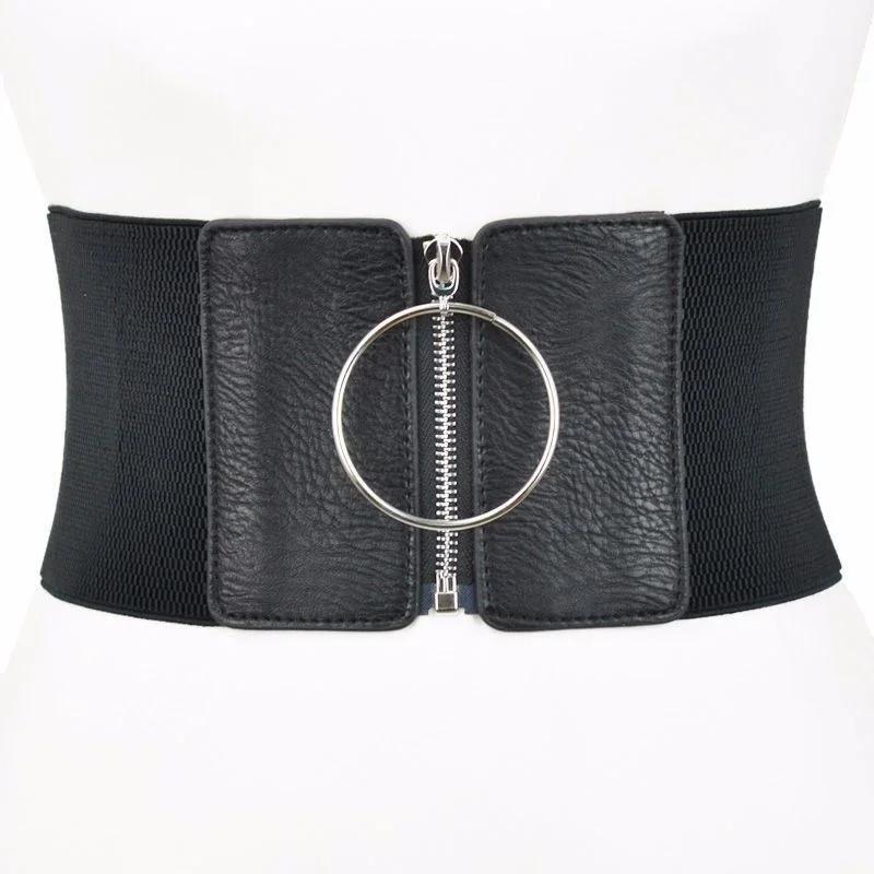 Women's Dress Super Wide Belt Women's Large Metal Ring Black Belts Women's Elastic Belt  Women Belts Fashion for Dress
