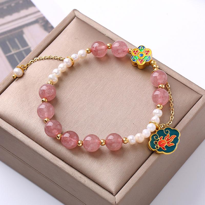 

Strawberry crystal bracelet natural freshwater pearl Bangles Women Fashion Jewelry accessories Gift