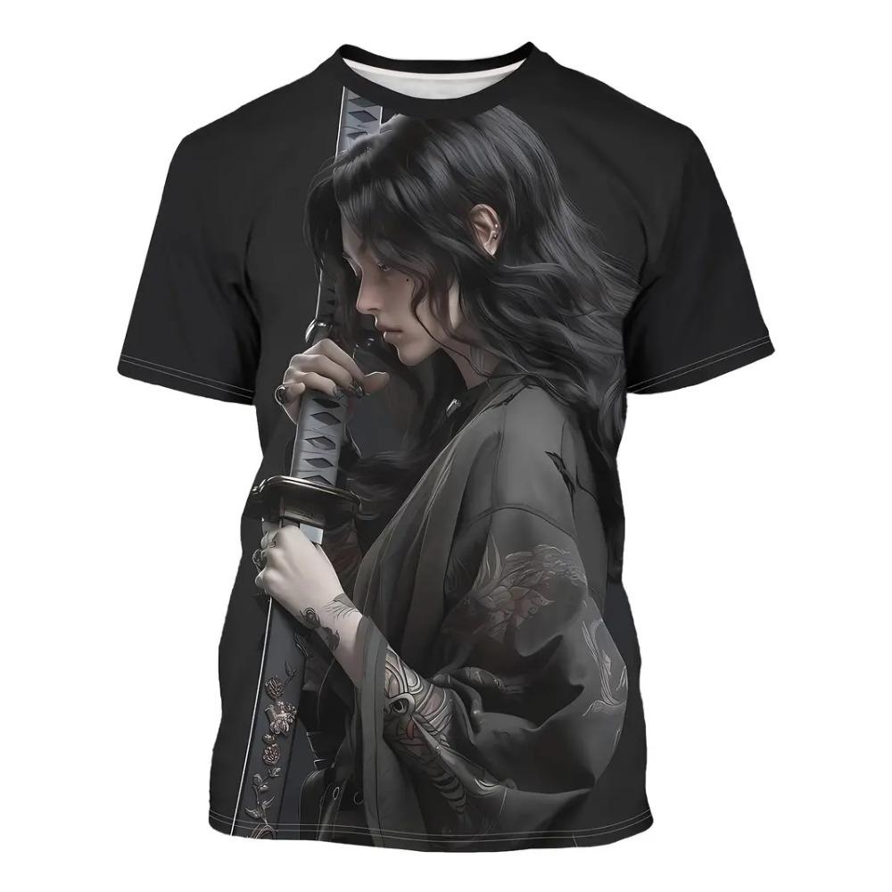 2026 Men's Anime Samurai Girl 3D Printed Fashion T-Shirt for Adults-Street Trend Style Short-Sleeved