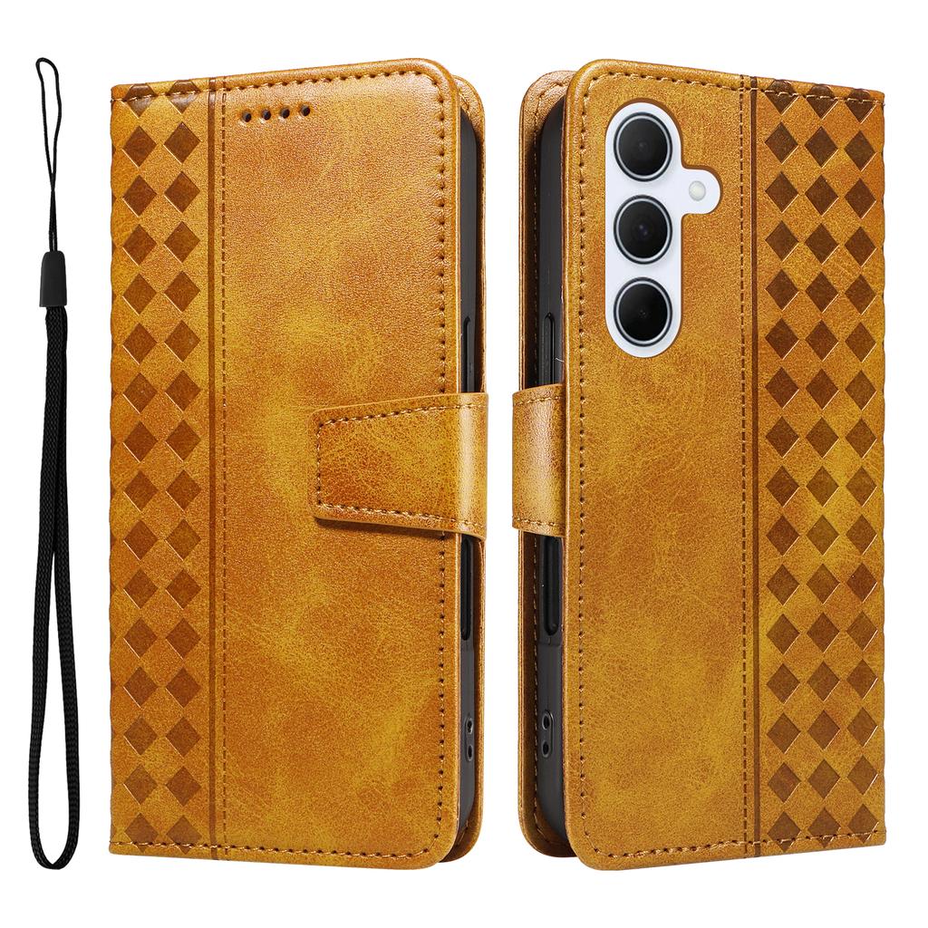 For Samsung Galaxy A55 5G Leather Case Wallet Stand Grids Imprinted Phone Cover with Strap