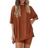 Women's Loose Fashion Solid Color Split Round Neck Short Sleeve Top Small Pocket Shorts Two Piece Set