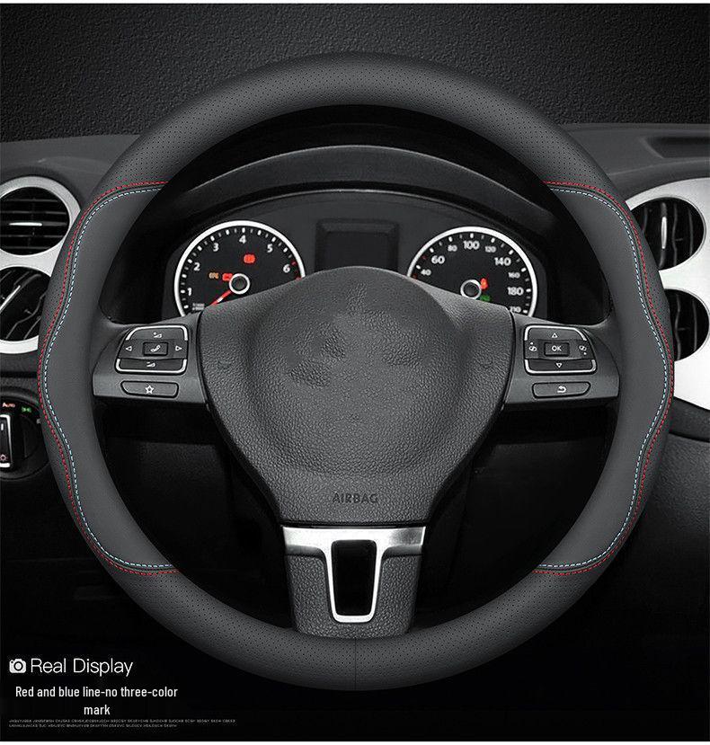 Genuine Leather D-Shaped Steering Wheel Cover - Ultra-thin, Breathable, Anti-slip, Sweat-absorbing, All-season, Universal Fit.