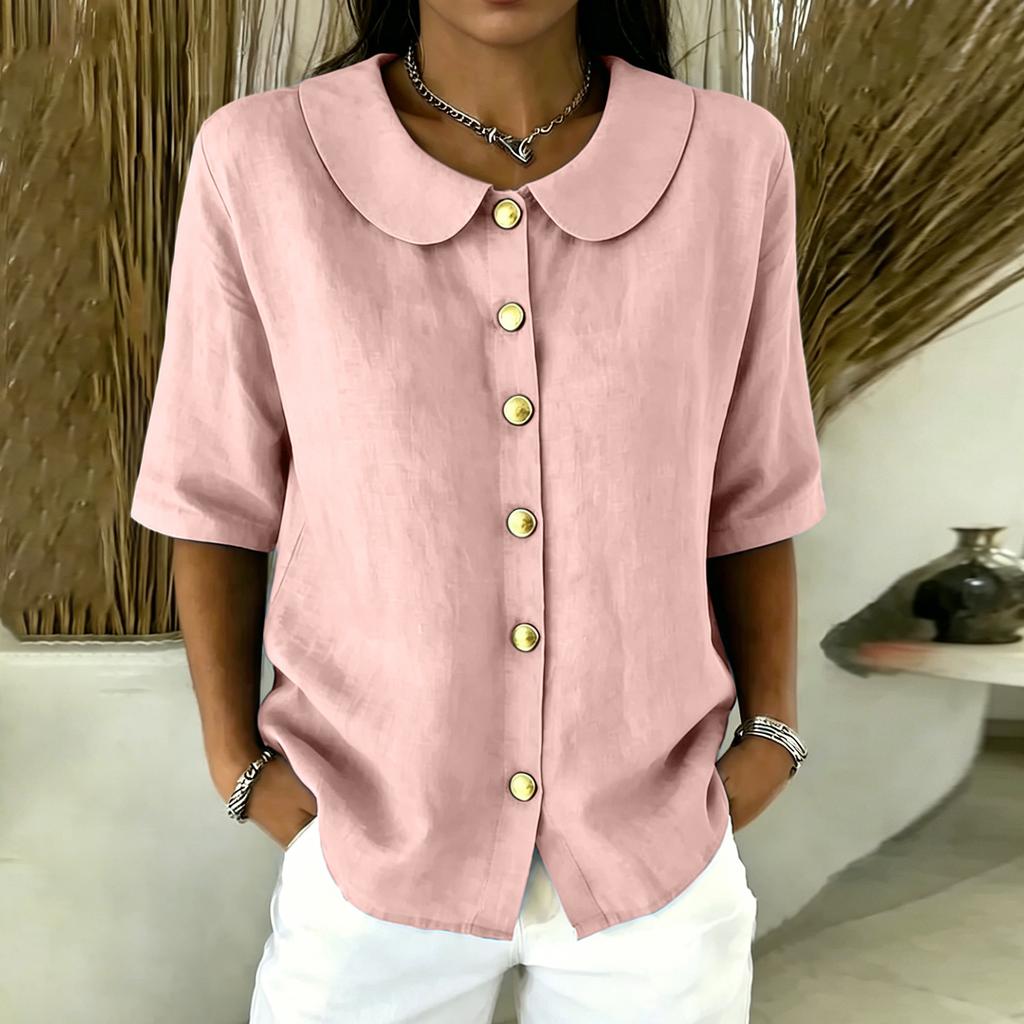 Women Button Front Short Sleeve Shirt Elegant Collar Blouse Casual Loose Fit Summer Top Lightweight Breathable Fabric