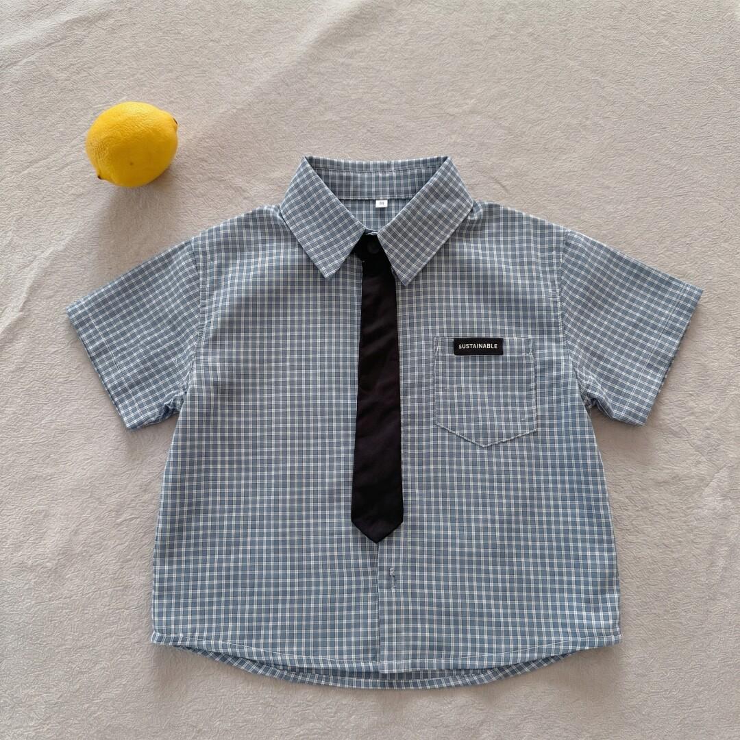Boys Cotton Checkered Short Sleeve Shirt Summer Lightweight Casual Top 80