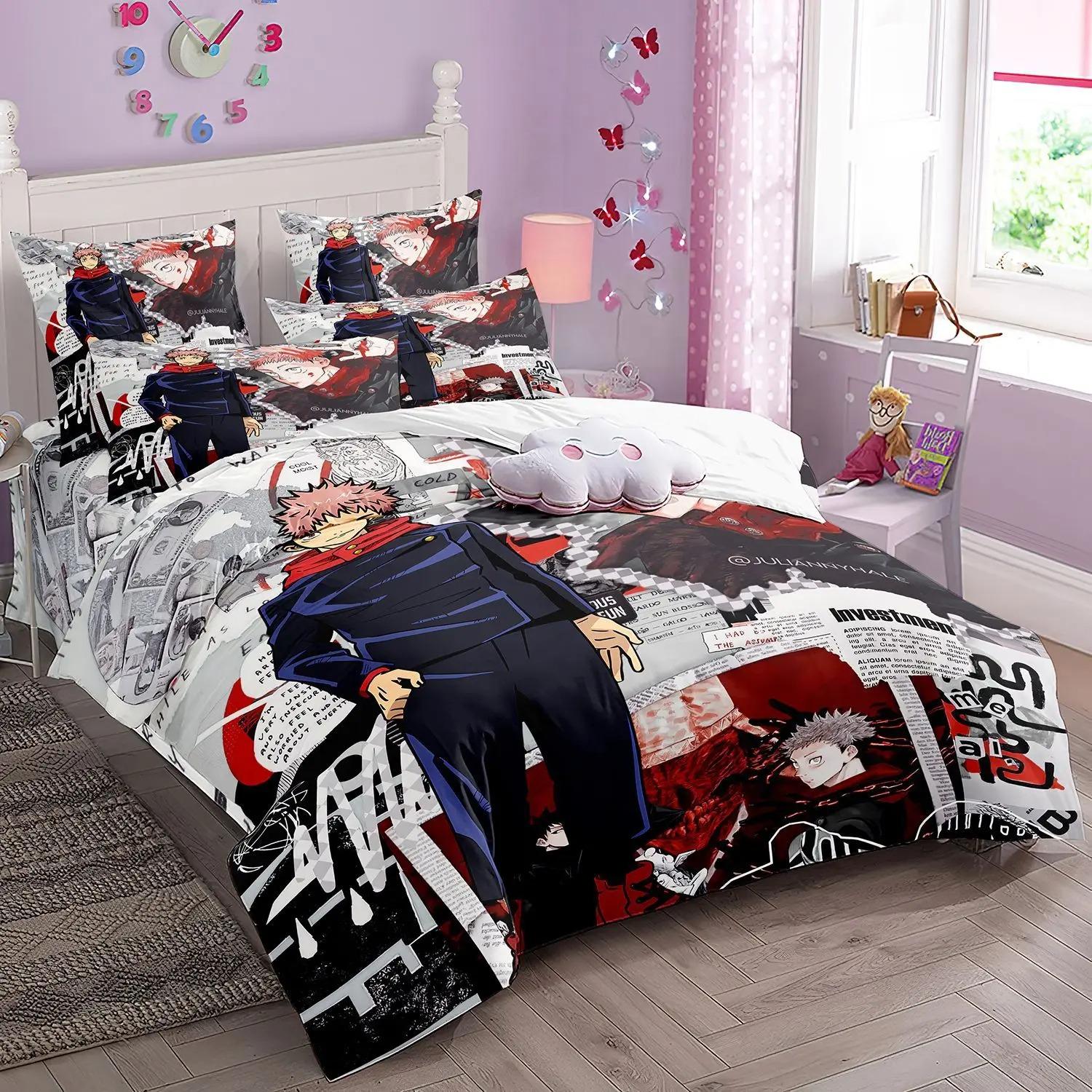 Nouveaux ensembles de literie Anime Jujutsu Kaisen Housse de couette taie d'oreiller Satoru Gojo Taille Queen King Double Lit Adulte Enfants Linge de lit Cadeau 135x200cm (3pcs)