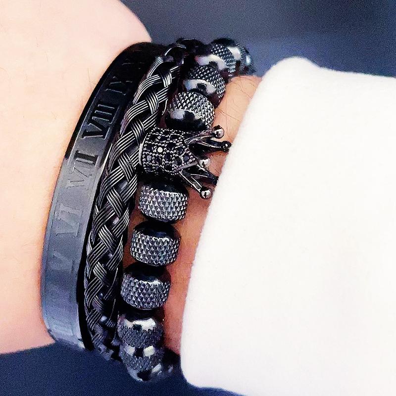 Set di Lusso Ciondoli Corona Bracciale Uomo Acciaio Inossidabile Romano Braccialetti Donna Gioielli per le Mani Regalo di San Valentino
