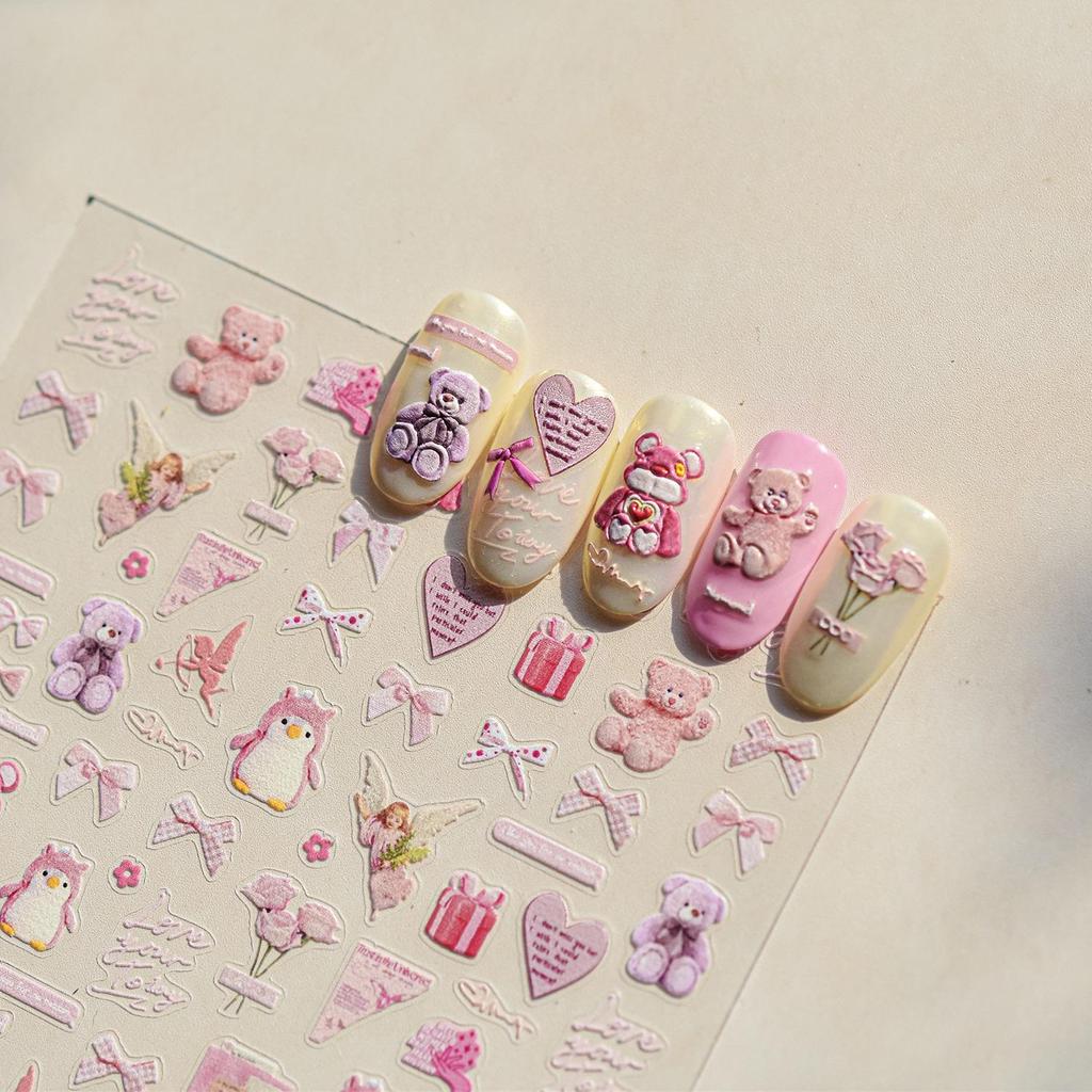 Autocolante de Unghii Tomoni Ursuleț Roz Drăguț - Artă de Unghii Japoneză Durabilă pentru Copii