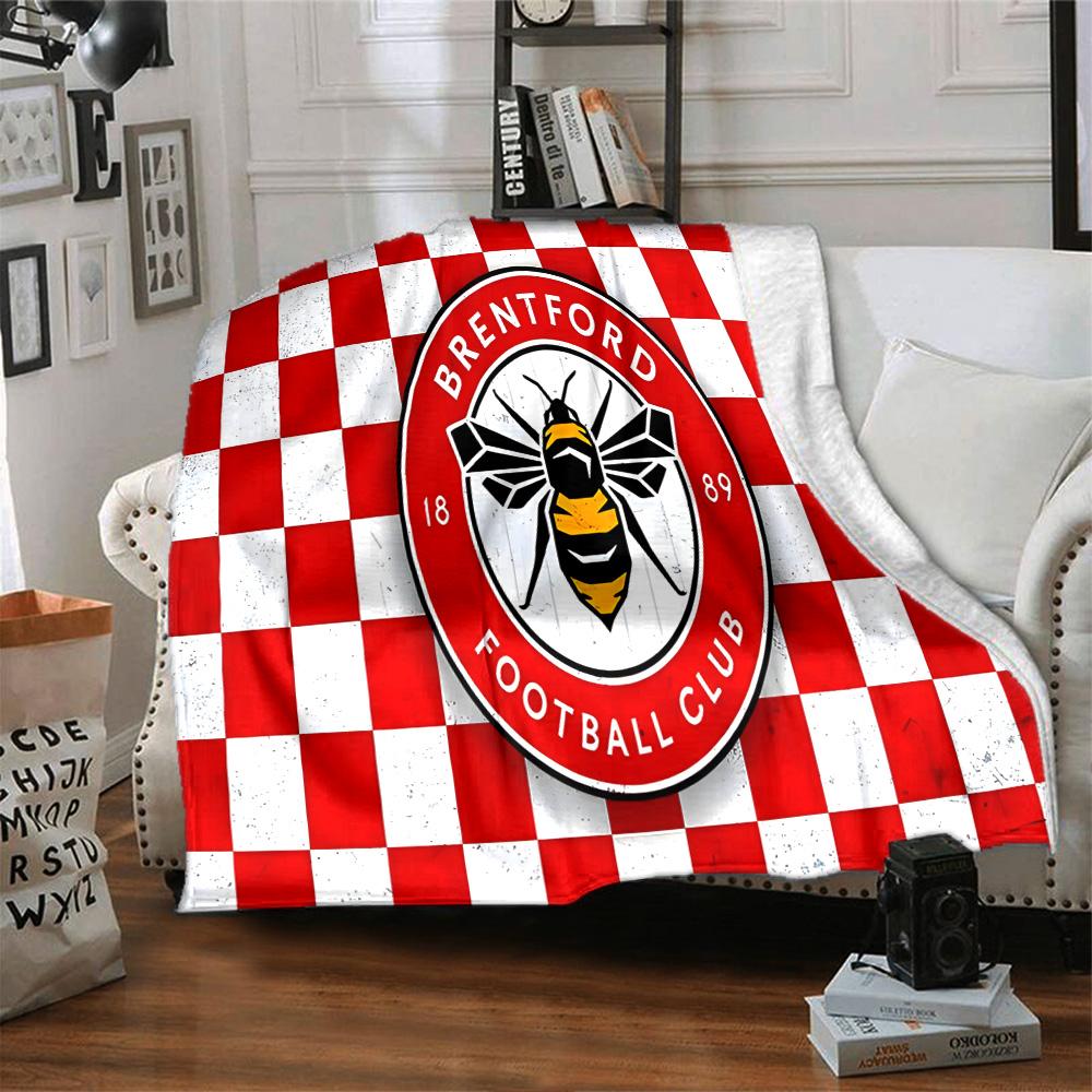 Brent-ford Football Club Crest Flannel Blanket, Soft Polyester, Modern Design, All-Season for Camping, Travel, Gifts for Holidays or Birthdays