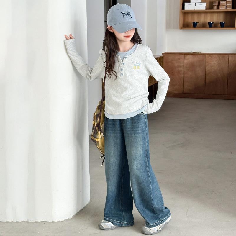 Girls Spring Long Sleeve T Shirt Fake Two Piece Round Neck Top For Big Kids Students