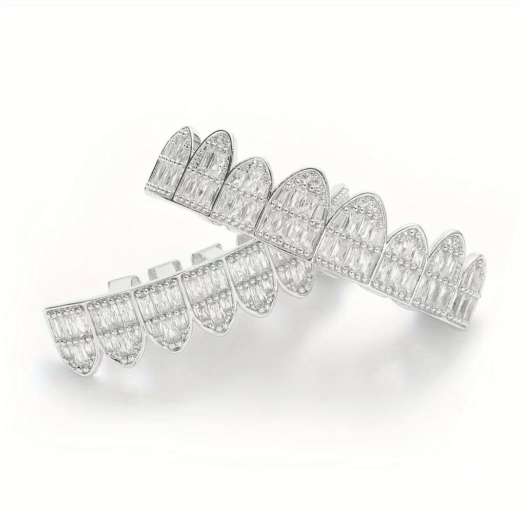 European and American Trendy HIOHOP 18K Gold Plated Hip Hop Grillz with Copper Inlaid Square Rhinestones.