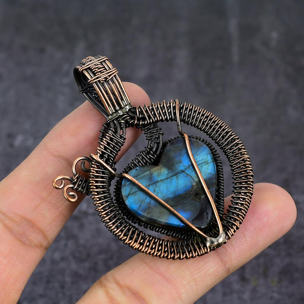 Natural Labradorite Gemstone Copper Wire Wrap Jewelry Pendant 2.52" w1L42