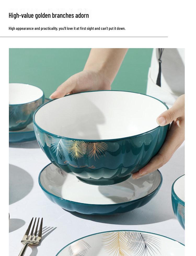 Peacock Green Pumpkin Tableware Set: Rice Bowl, Plate, Soup Bowl, Noodle Bowl, Fish Plate.