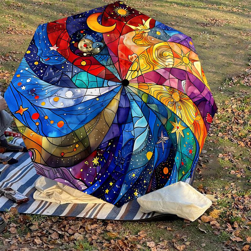 1PC Stained Glass Mandala Automatic Open/Close Umbrella with Windproof, 8-Rib Sturdy Canopy, Durable Ribs, Fashionable Design,1255A