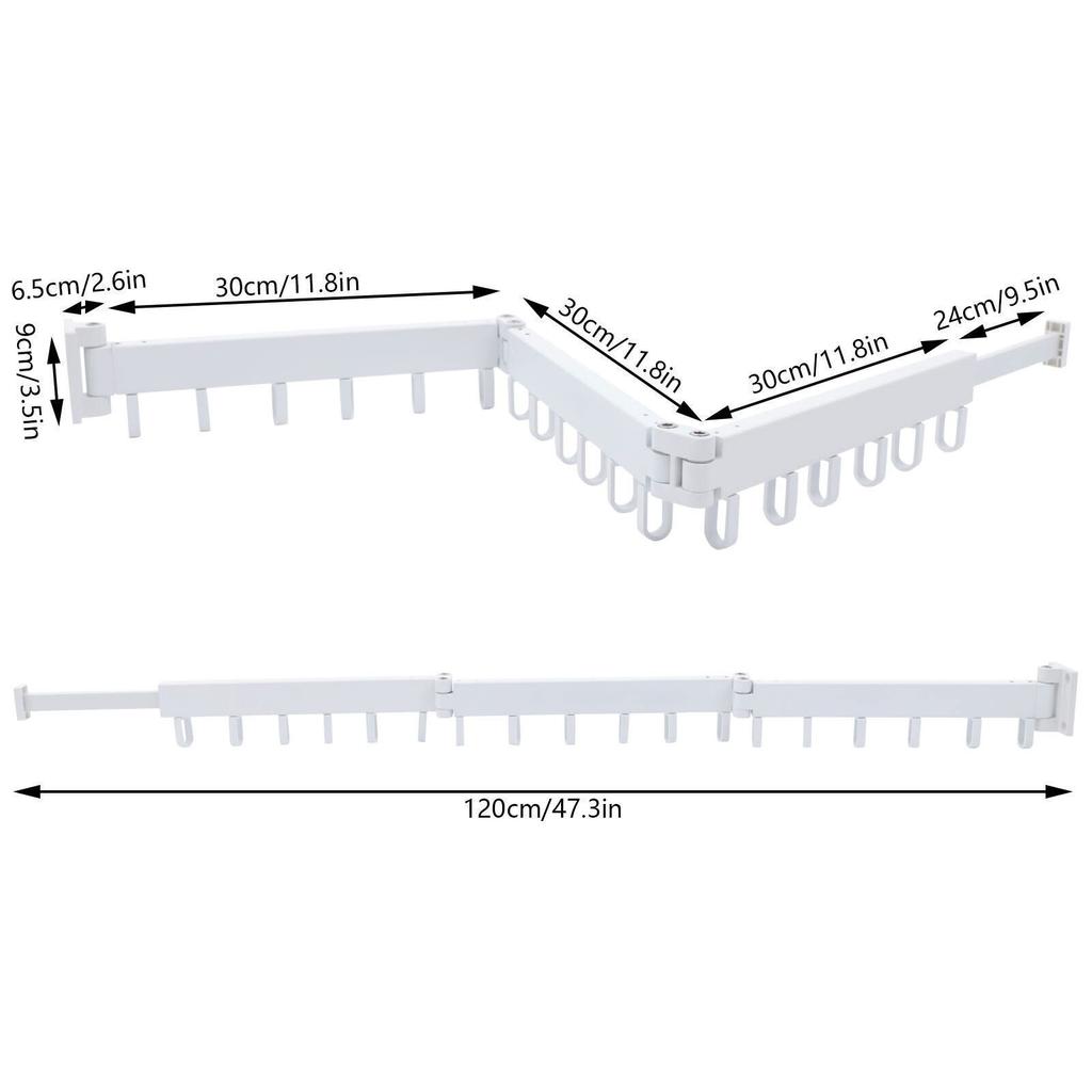Tri-Fold Space Aluminum Wall-Mounted Drying Rack – 110 Lbs Load Capacity with 18 Hooks & Telescopic Hidden Rod – White