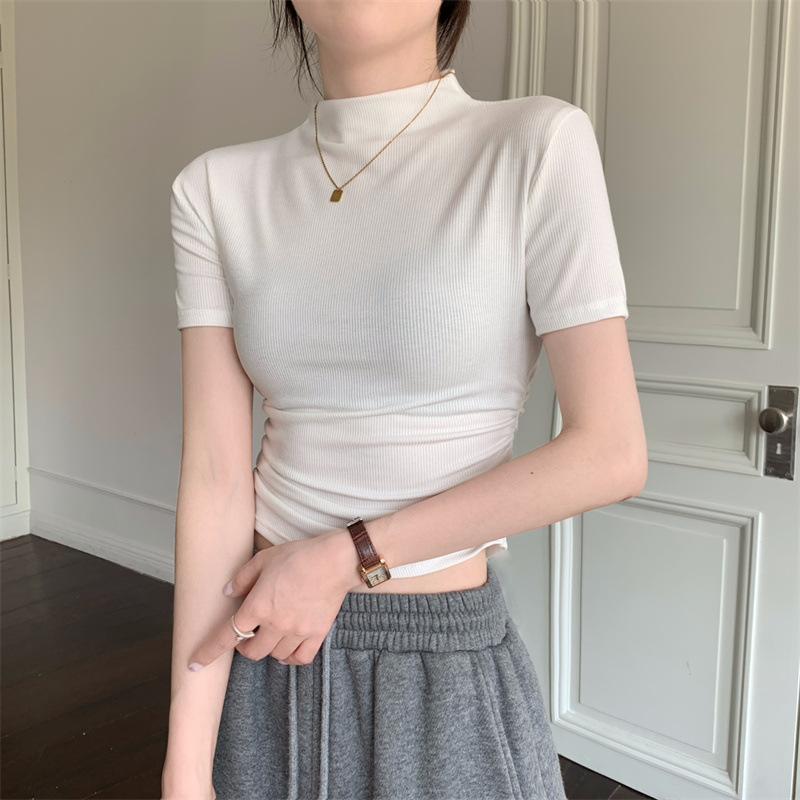 Semi-turtleneck Short-sleeved T-shirt Women's Summer New Bottoming Shirt with Slim-fit Short Student Top