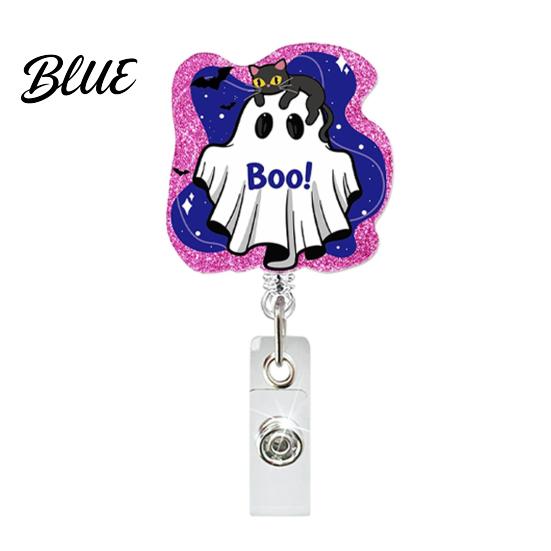 Witch ID Holder Retractable Badge Holder Halloween Glitter Acrylic Reel Cute Ghost Decorative Reel Pumpkin Card for Nurse Doctor Teacher Worker