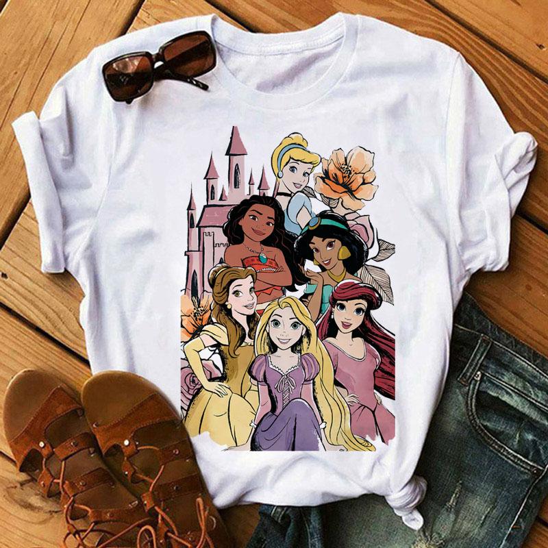 Disney Cartoon Princess Printed Women T-shirt Kawaii Graphic Printed T Shirt Summer Casual Short Sleeve Female Tops Tshirt Tees