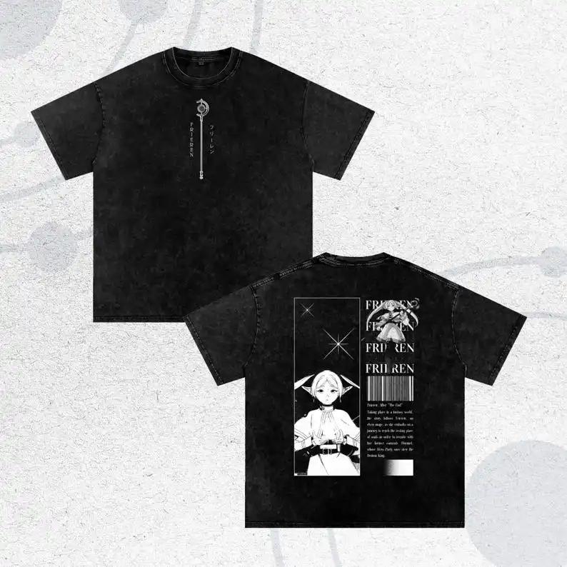 Frieren Anime Acid Washed Oversize T-shirt Fern Anime Unisex High Quality Oversized T-shirt High-end Luxury Couples High Quality