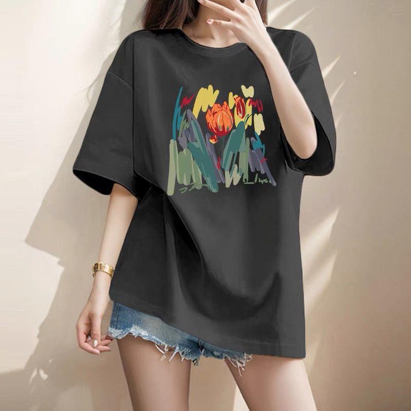 Women Clothing Chic Hand-Painted Flower Printing T-shirt Summer Elegant Fashion Pure Cotton Basic Top Tee Lady Loose Pullovers