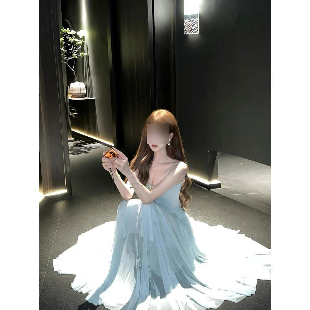 Heavy Industry Diamond Mesh Suspender Dress Women's Summer Gentle Wind Super Immortal Skirt Waist Swinging A-word Long Dress