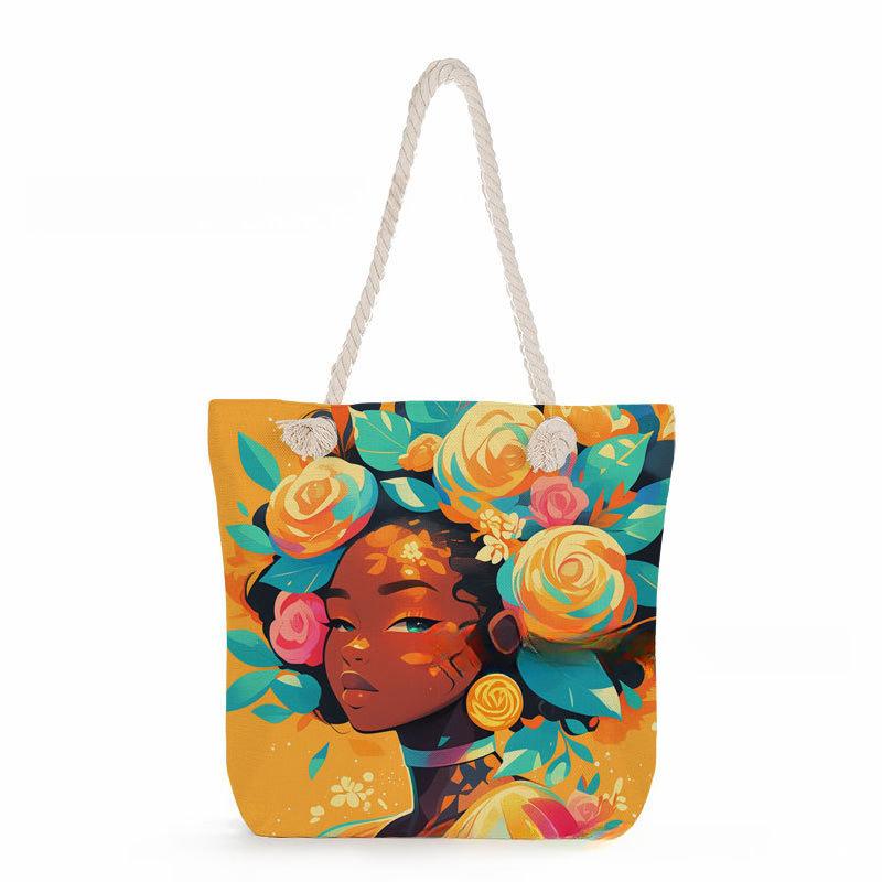 Multifunctional Rose Girl Printed Thick Rope Shoulder Beach Bag Casual Large Capacity Handbag 0247