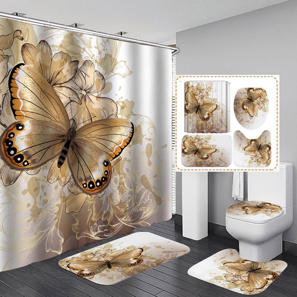 Buy Butterfly Bath Shower Curtain Polyester Waterproof Bathroom Curtain Carpet Rugs Set Nonslip