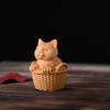 Solid Wood Carving Bamboo Basket Cat Figurine,Mini Cute Wooden Cat Animal Statue,For Room Office Home Decor,Kids Event Souvenirs