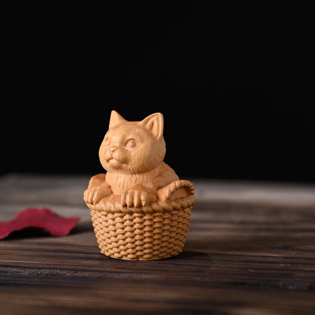 Solid Wood Carving Bamboo Basket Cat Figurine,Mini Cute Wooden Cat Animal Statue,For Room Office Home Decor,Kids Event Souvenirs