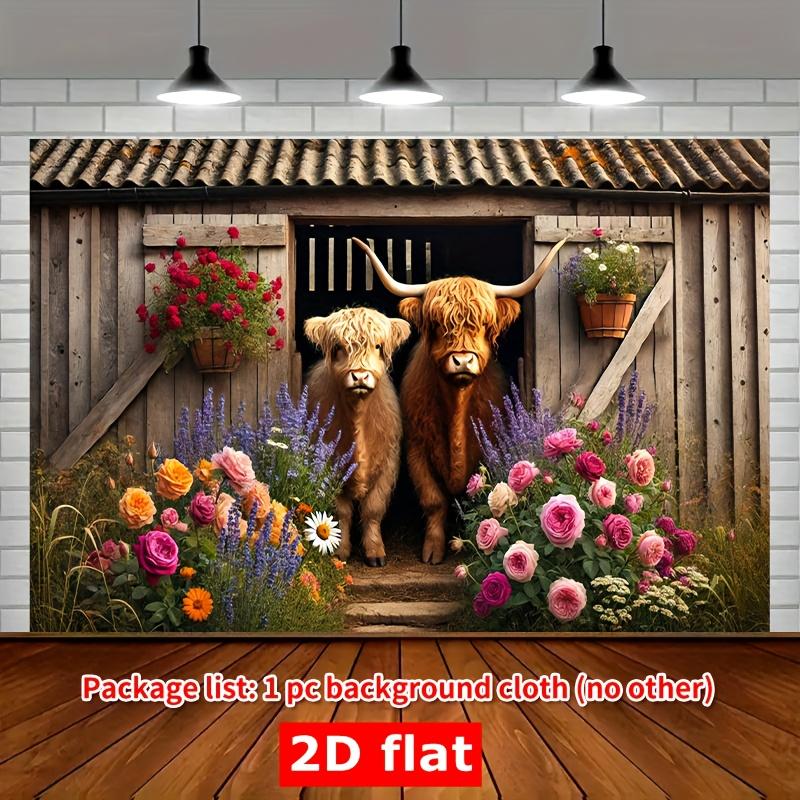 2D flat design 1-piece farm-themed Scottish and Highland cattle flower field party set suitable for garden parties