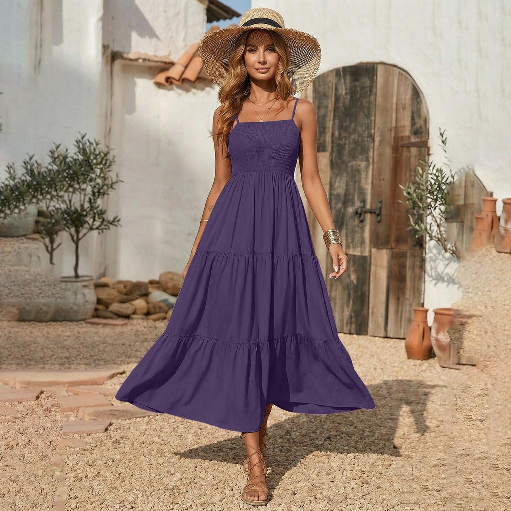 Fashionable Women's Casual Printed Tube Top Shoulder Strap Swing Dress