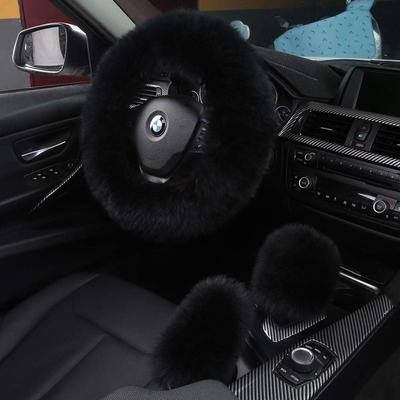 Ensemble 3 pièces Mode Doux Moelleux Laine Poil Doux Housse de Volant de Voiture avec Housse de Frein à Main et Housse de Levier de Vitesse pour Femmes Filles
